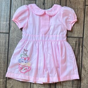 Pink Kids Dress with Embroidered Teacups